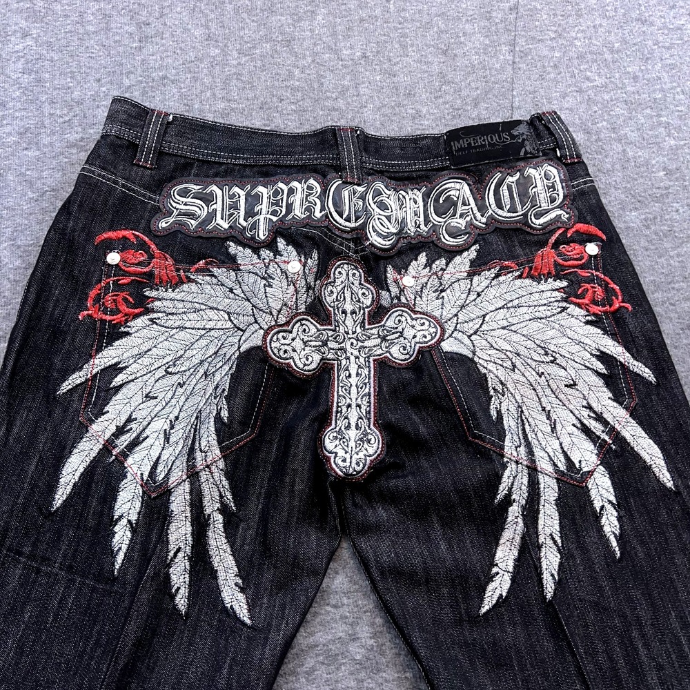 VTG Y2K Imperious Delf Trading Jeans Men 36x33 Goth Grunge Wing Embroidery Baggy